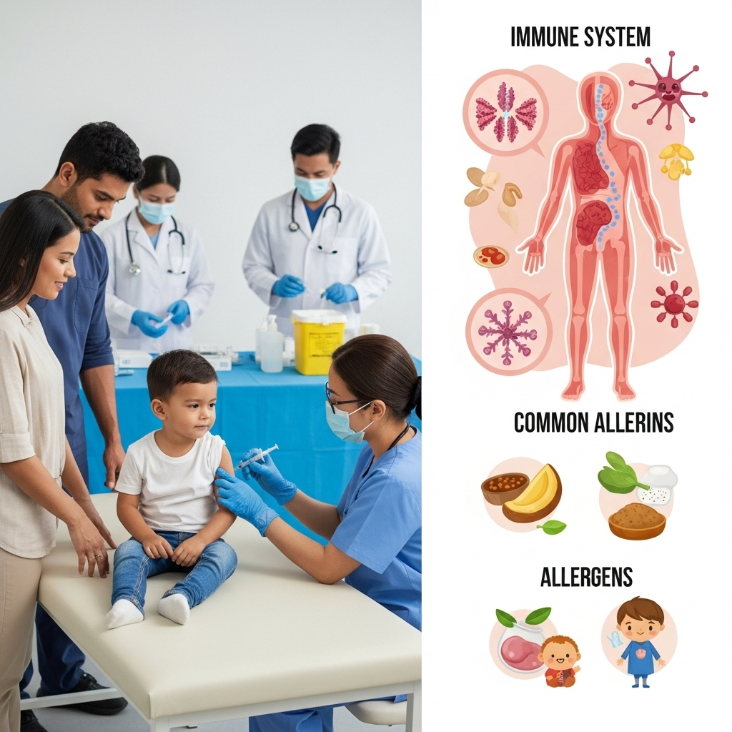 "Anak kecil sedang mendapatkan imunisasi di klinik dengan tenang, didampingi oleh orang tua yang menunjukkan ekspresi tenang dan percaya. Di latar belakang, terdapat petugas medis yang sedang memberikan vaksin dengan alat suntik dan perlengkapan medis lengkap. Di samping, ada ilustrasi ringan yang menunjukkan proses sistem imun tubuh dan alergen yang umum, seperti makanan dan debu, dengan ikon yang jelas dan warna yang cerah. Gambar menggambarkan suasana aman, edukatif, dan penuh kepercayaan diri orang tua dalam melindungi anak dari penyakit sekaligus memahami risiko alergi."