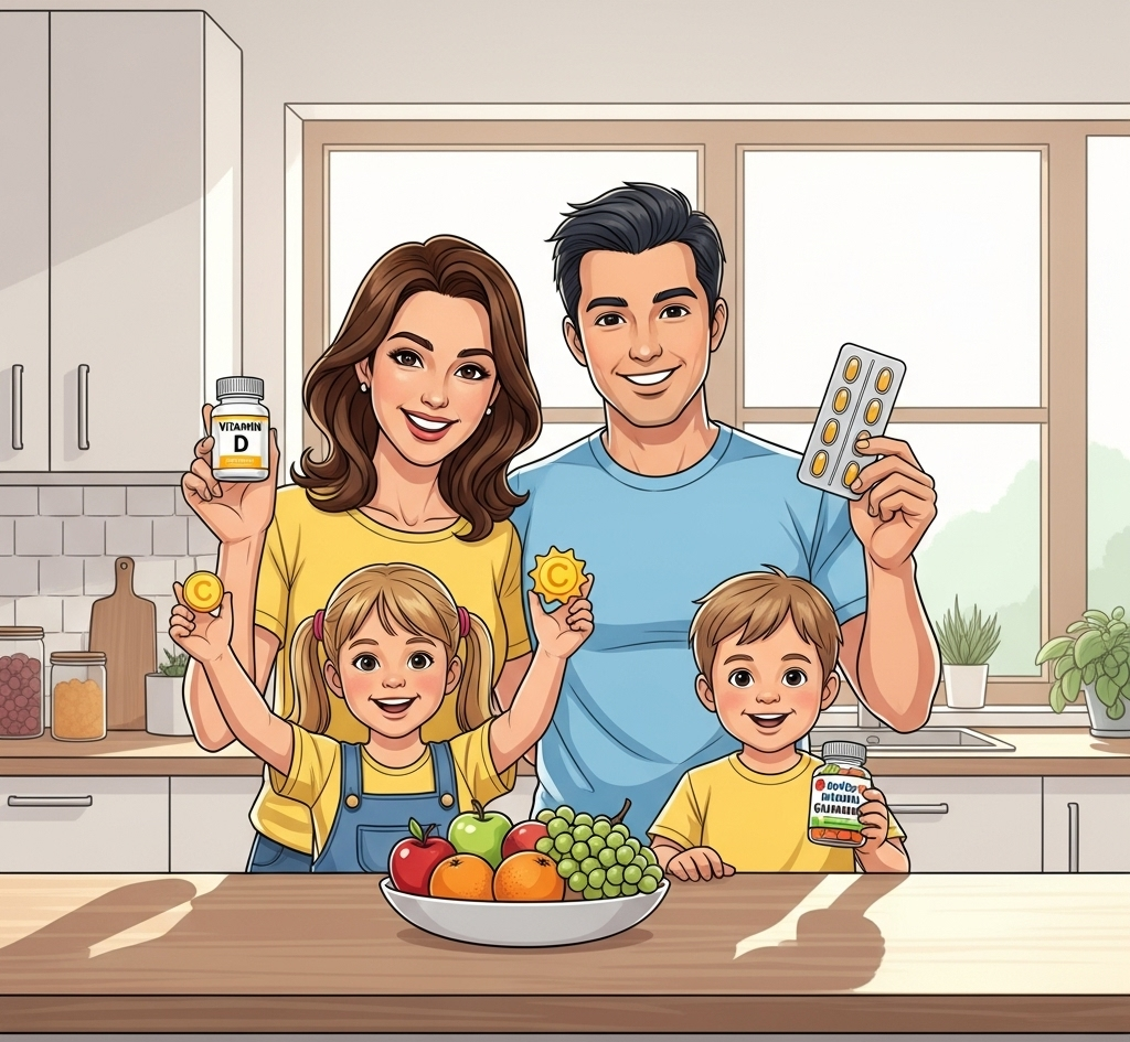 "Ilustrasi keluarga bahagia di rumah sedang memegang berbagai suplemen dan vitamin, seperti tablet, kapsul, botol vitamin, serta buah-buahan sehat di dekat mereka. Latar belakang dapur minimalis yang cerah dan nyaman. Gaya gambar modern dan ceria, dengan warna-warna cerah yang menggambarkan kesehatan dan kebahagiaan."